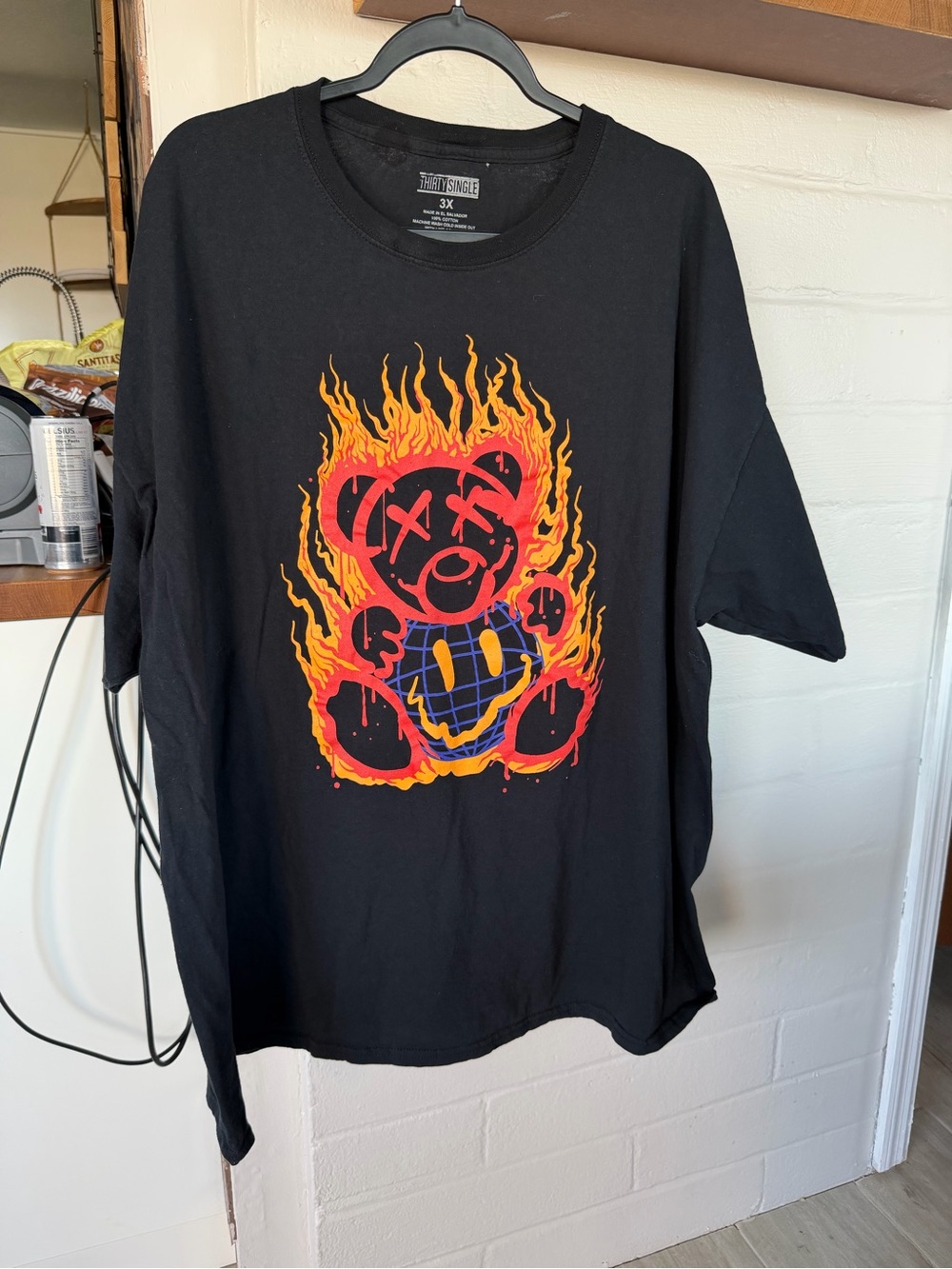 Thirty Single Black Short Sleeve Tee with Flaming Bear Graphic